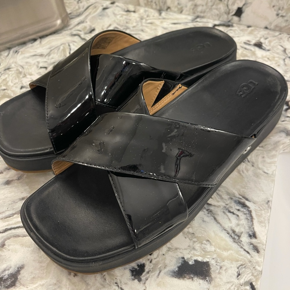 Black patent UGG sandals/slides